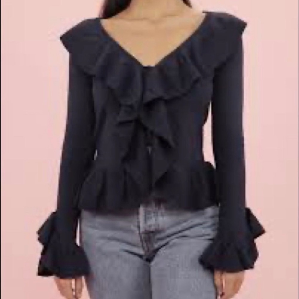 Ruffle Top Navy Blue Cry Baby Long Sleeve Cardigan Peplum Button Down V Neck XS